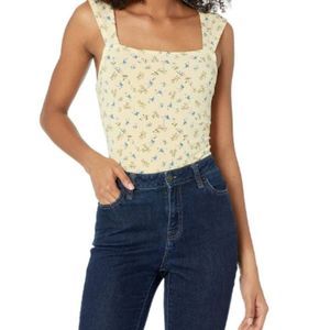 New! BCBG Yellow Floral Tank Top Thong Cottagecore Summer Bodysuit Sz M